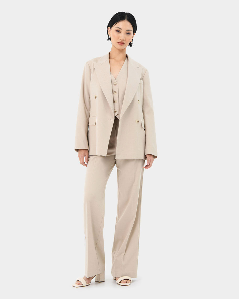 Mariel Double Breasted Blazer in sand beige — full-length view