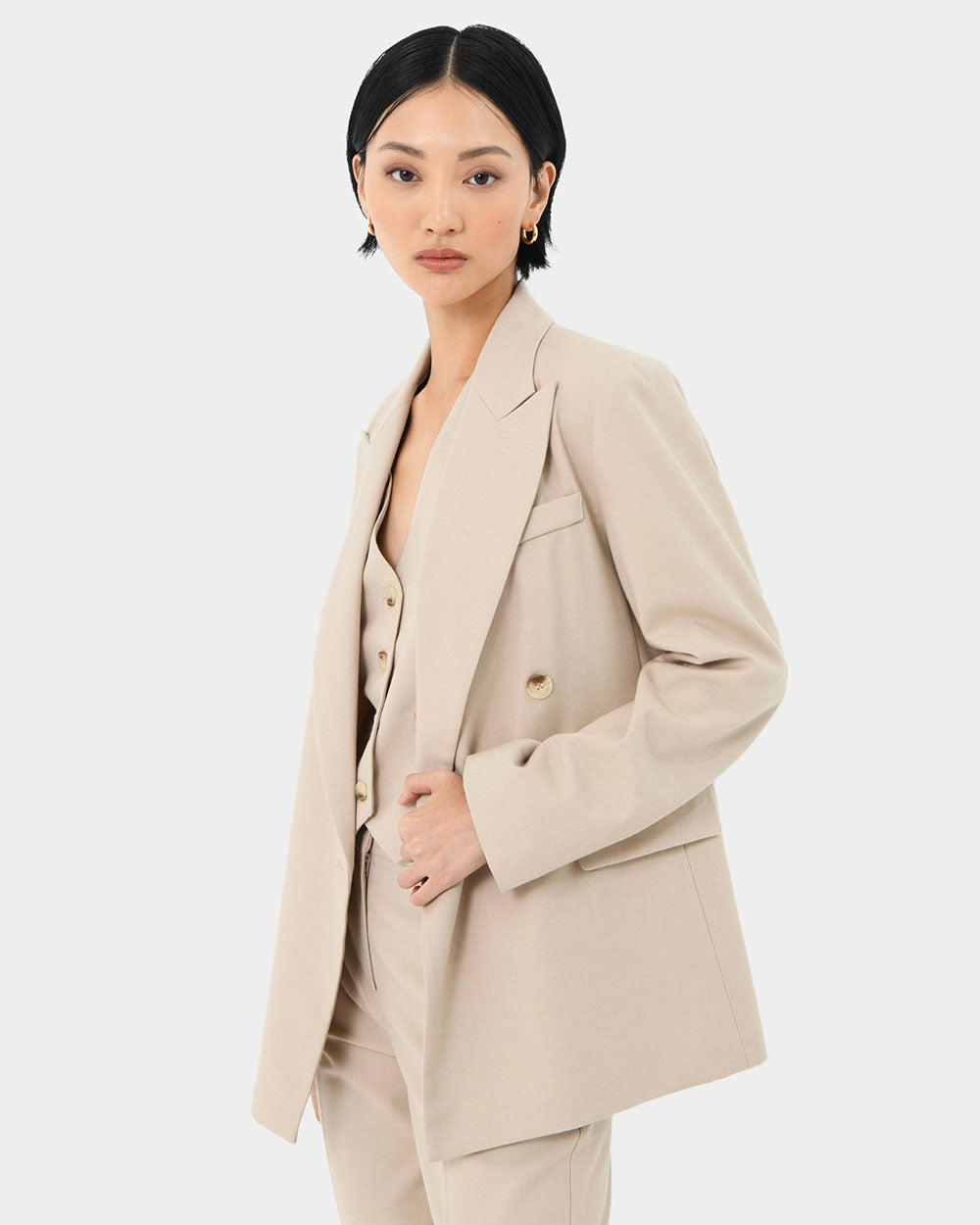 Mariel Double Breasted Blazer in sand beige — side view