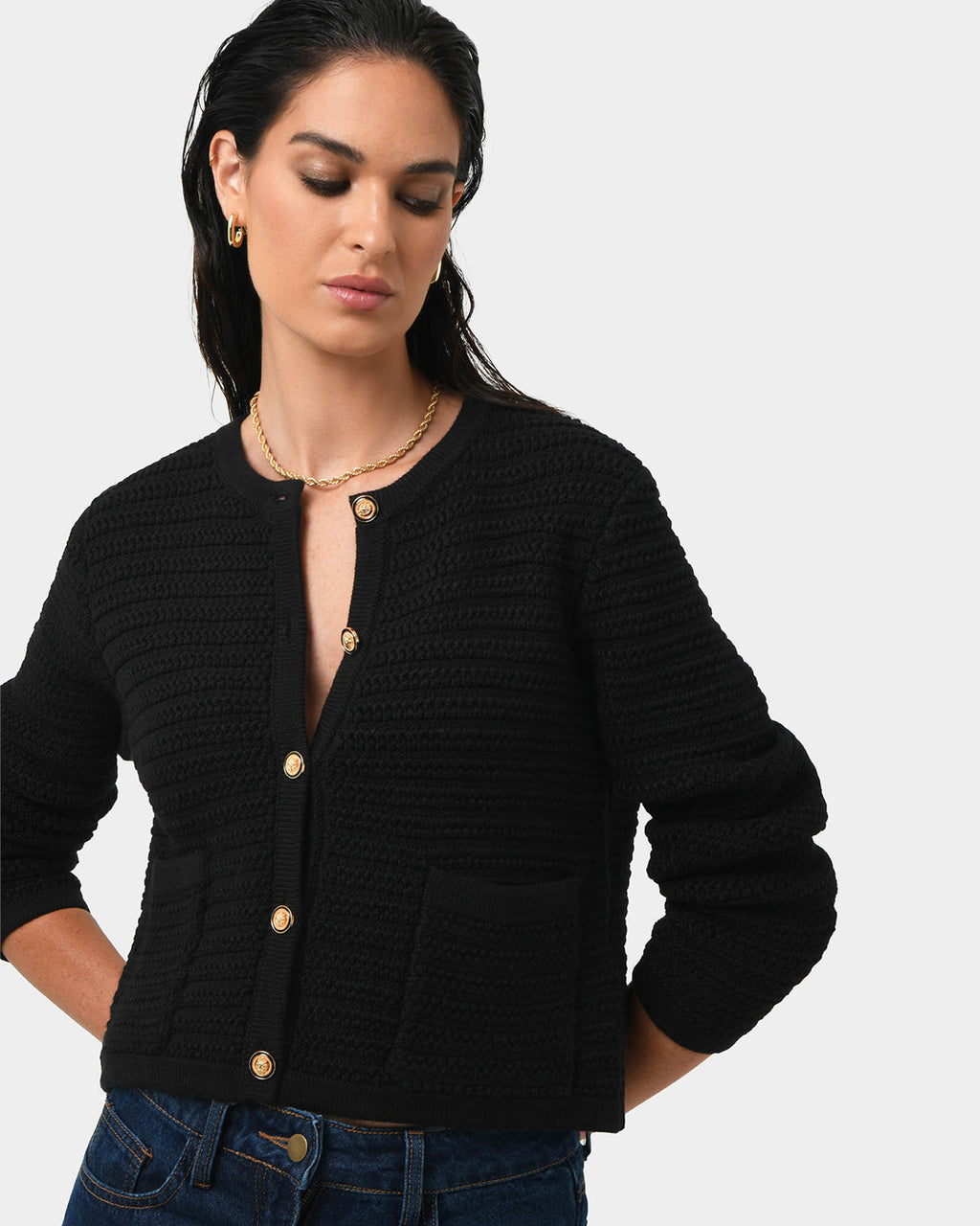 Hollis Textured Cardigan in black — close-up view 2