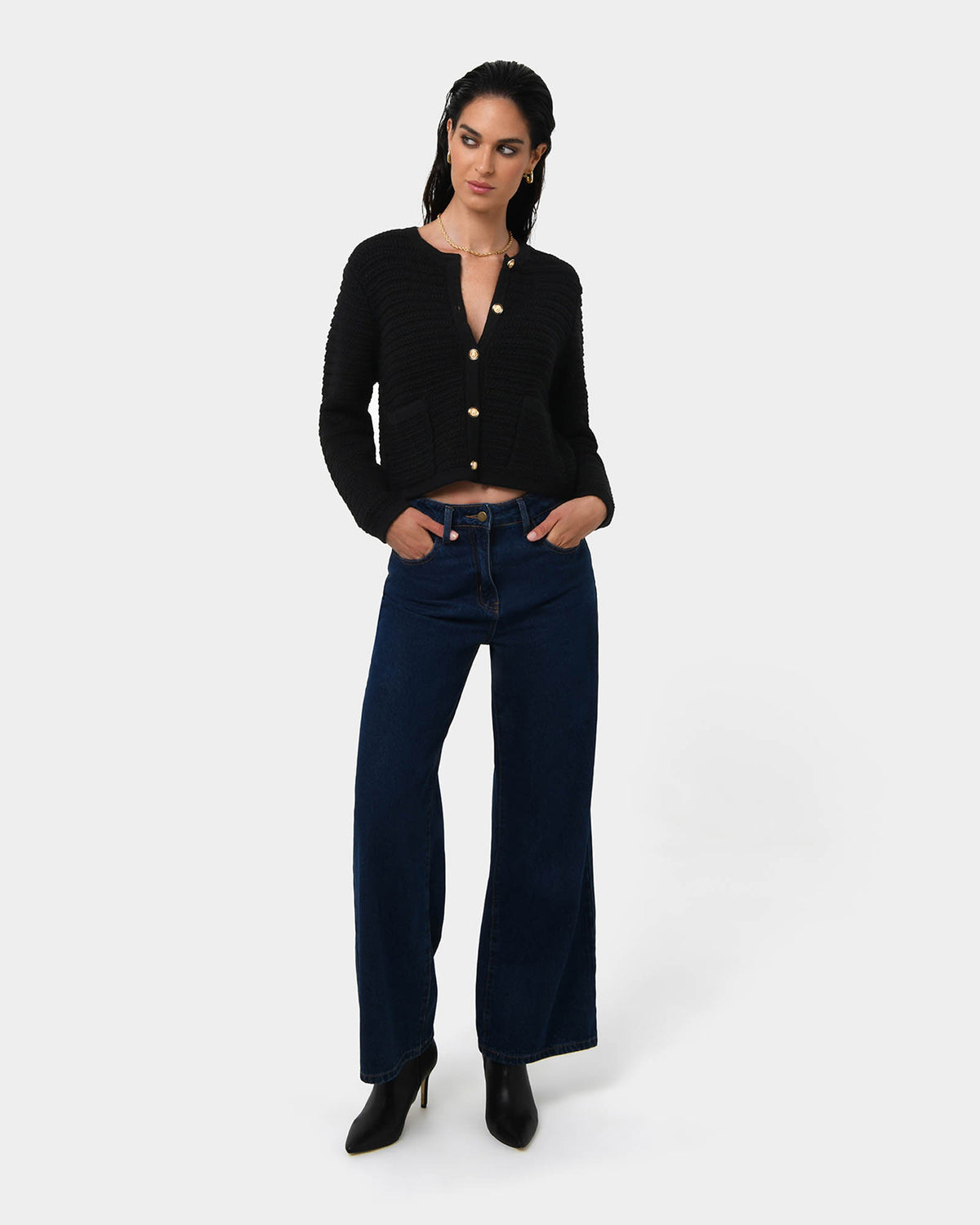 Hollis Textured Cardigan in black — full-length view
