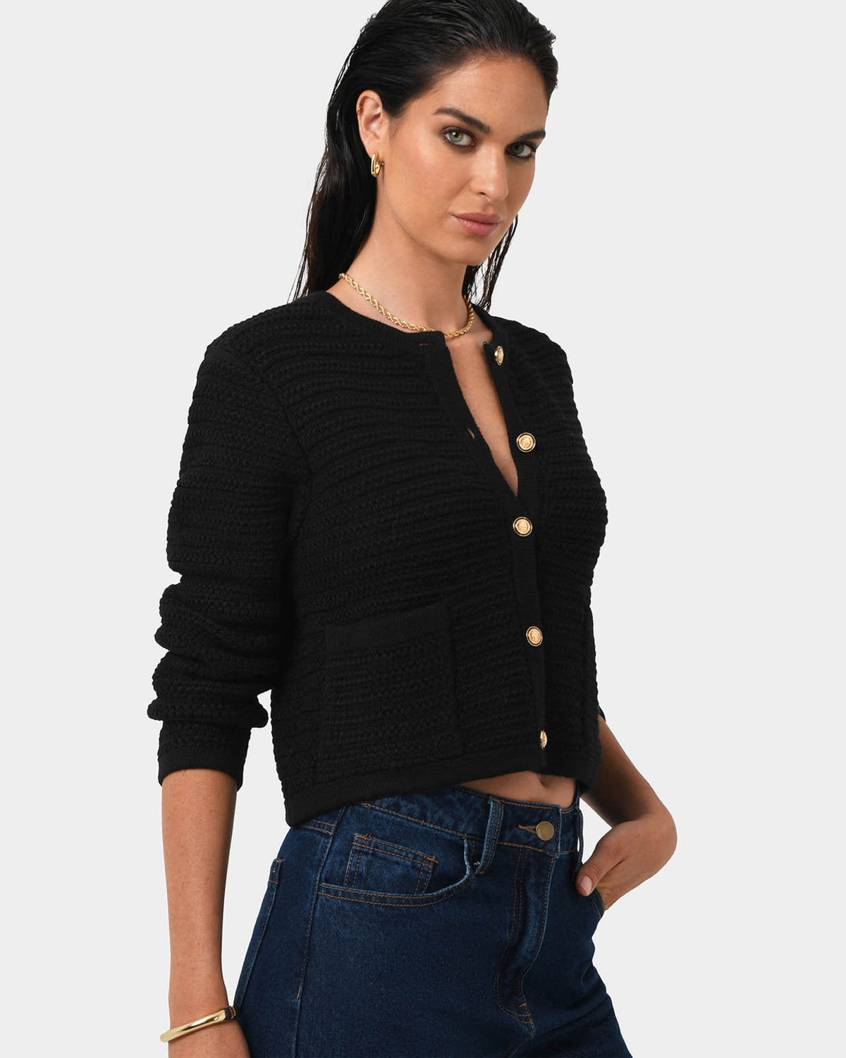 Hollis Textured Cardigan in black — side view