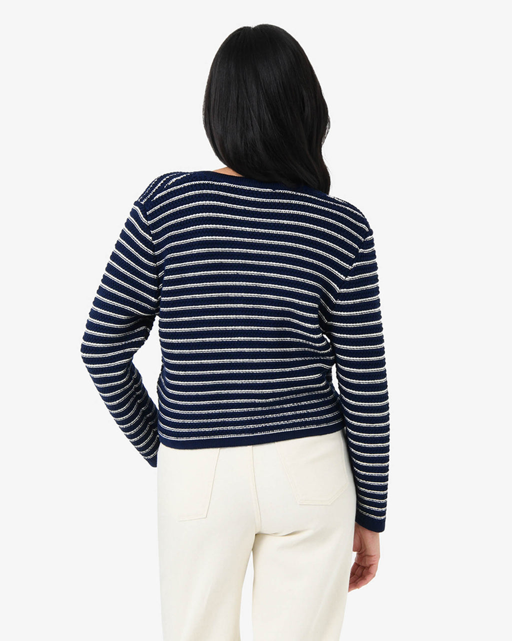 Hollis Textured Cardigan in navy ivory — back view