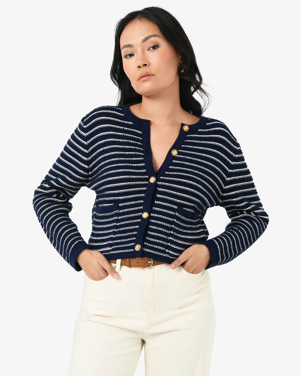 Hollis Textured Cardigan in navy ivory — close-up view