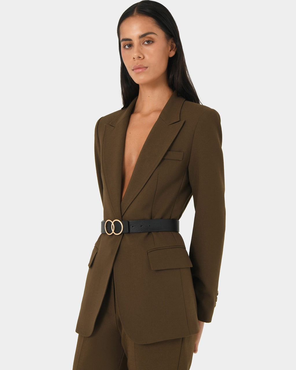 Hunter Single Breasted Blazer in gold khaki — close-up view