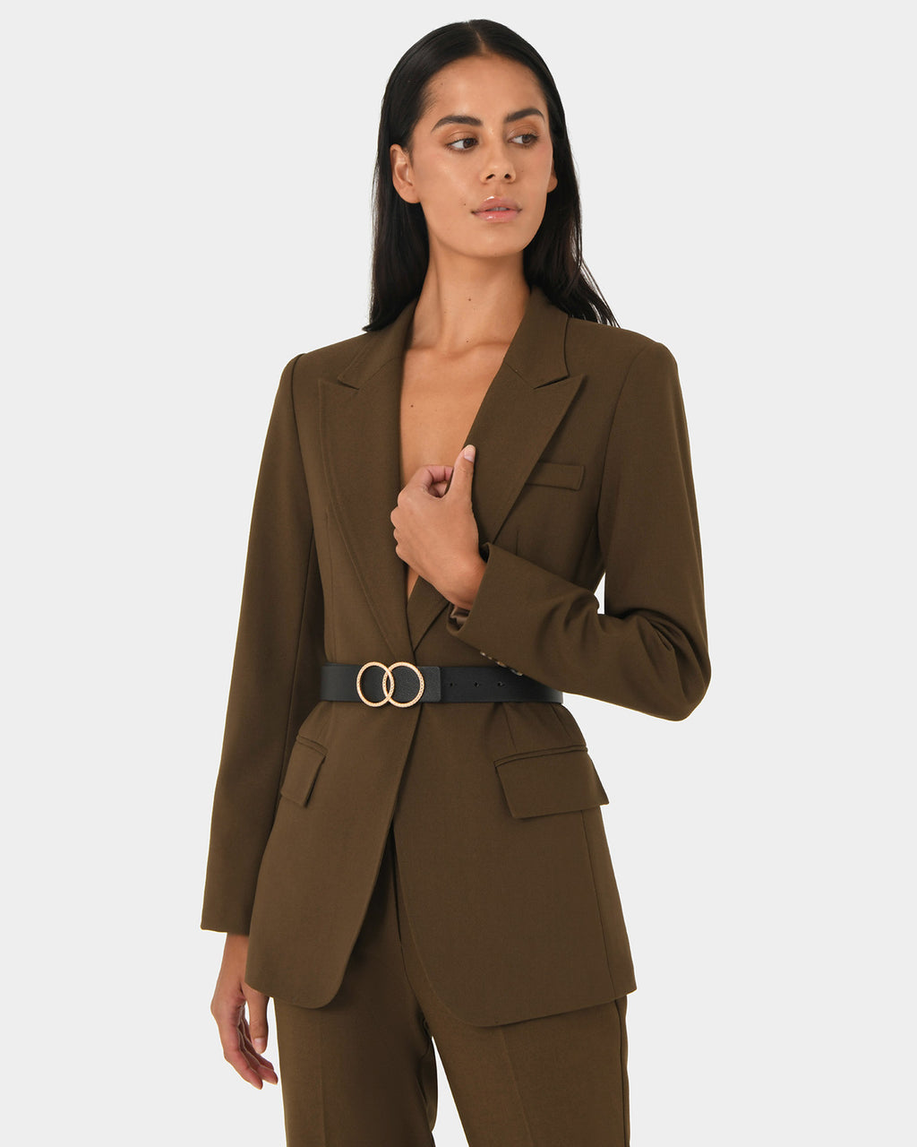 Hunter Single Breasted Blazer in gold khaki — close-up view 2