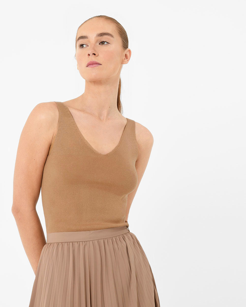 Shiloh V-Neck Top in caramel — close-up view