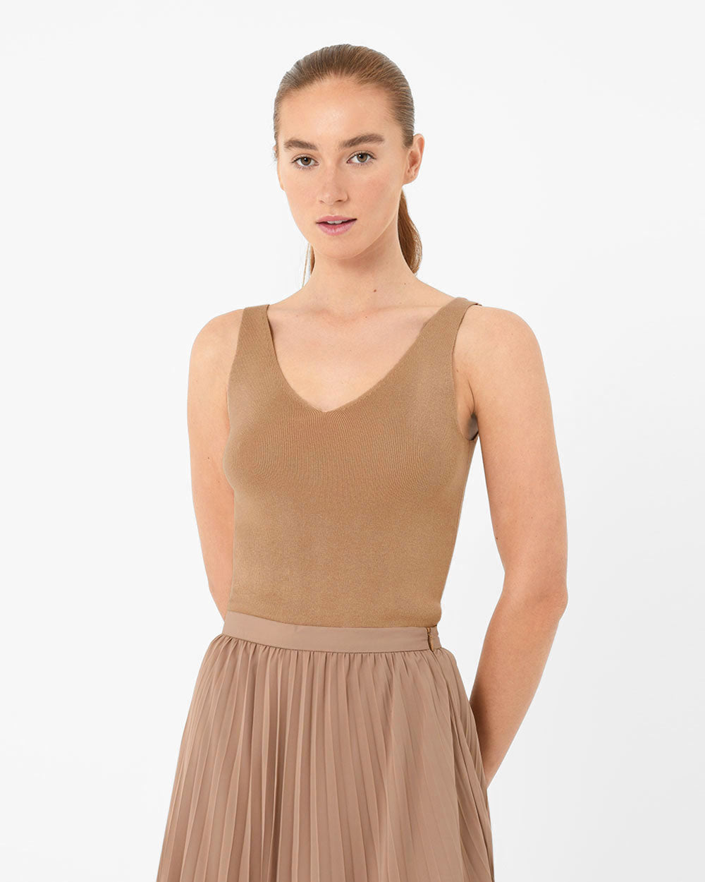 Shiloh V-Neck Top in caramel — close-up view 2