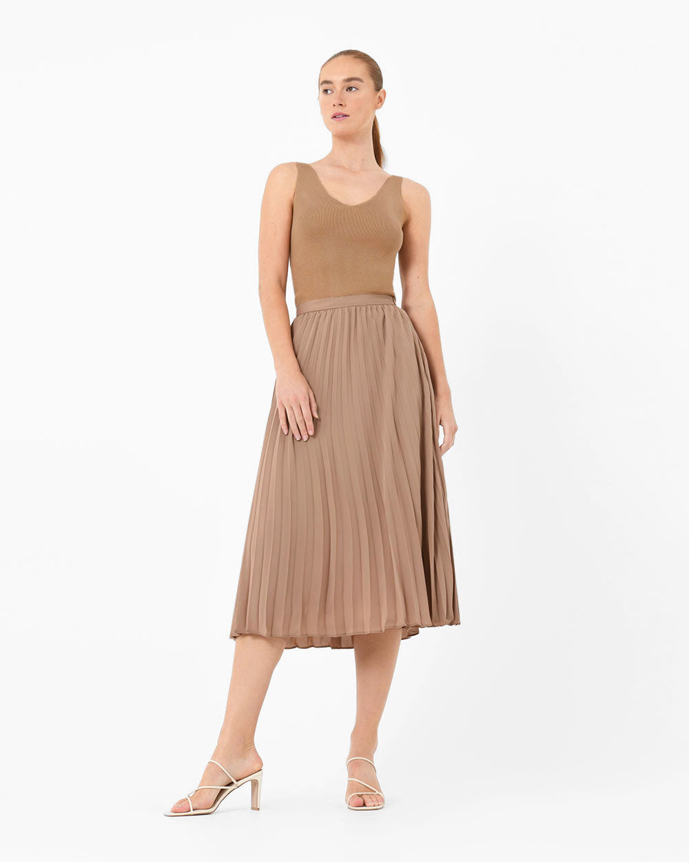 Shiloh V-Neck Top in caramel — full-length view