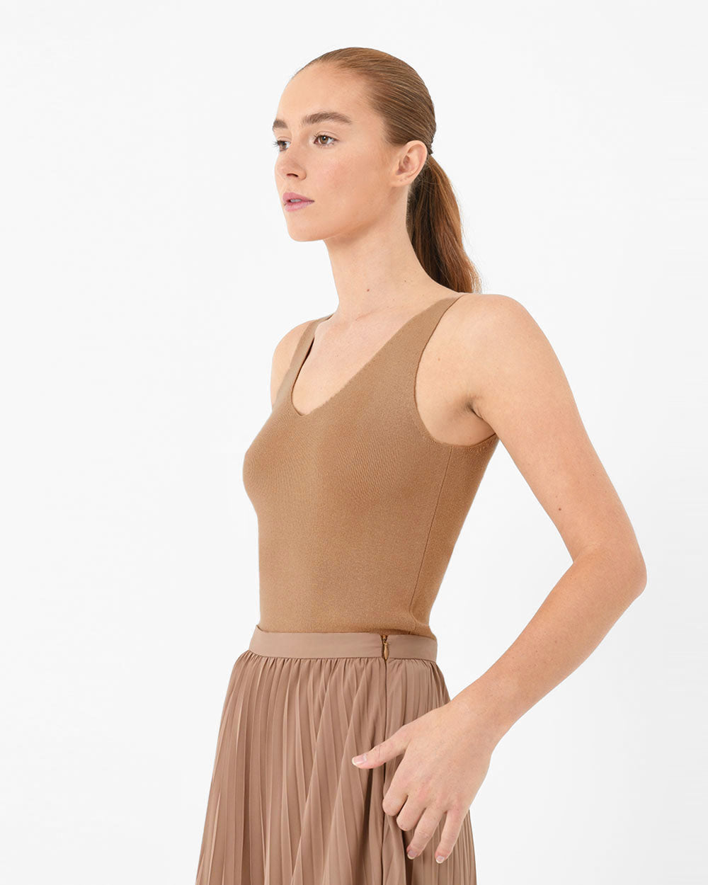 Shiloh V-Neck Top in caramel — side view