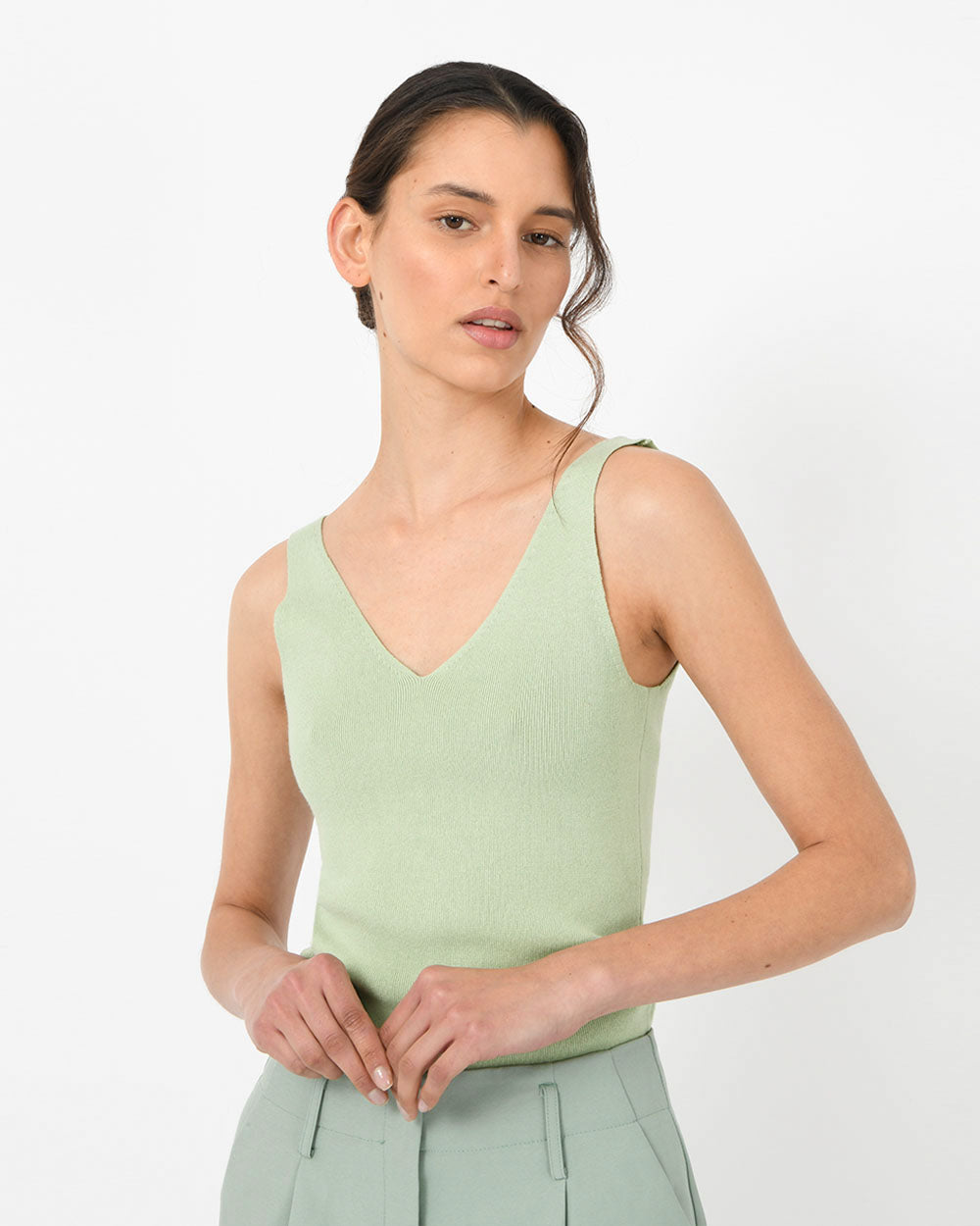 Shiloh V-Neck Top in pastel green — close-up view