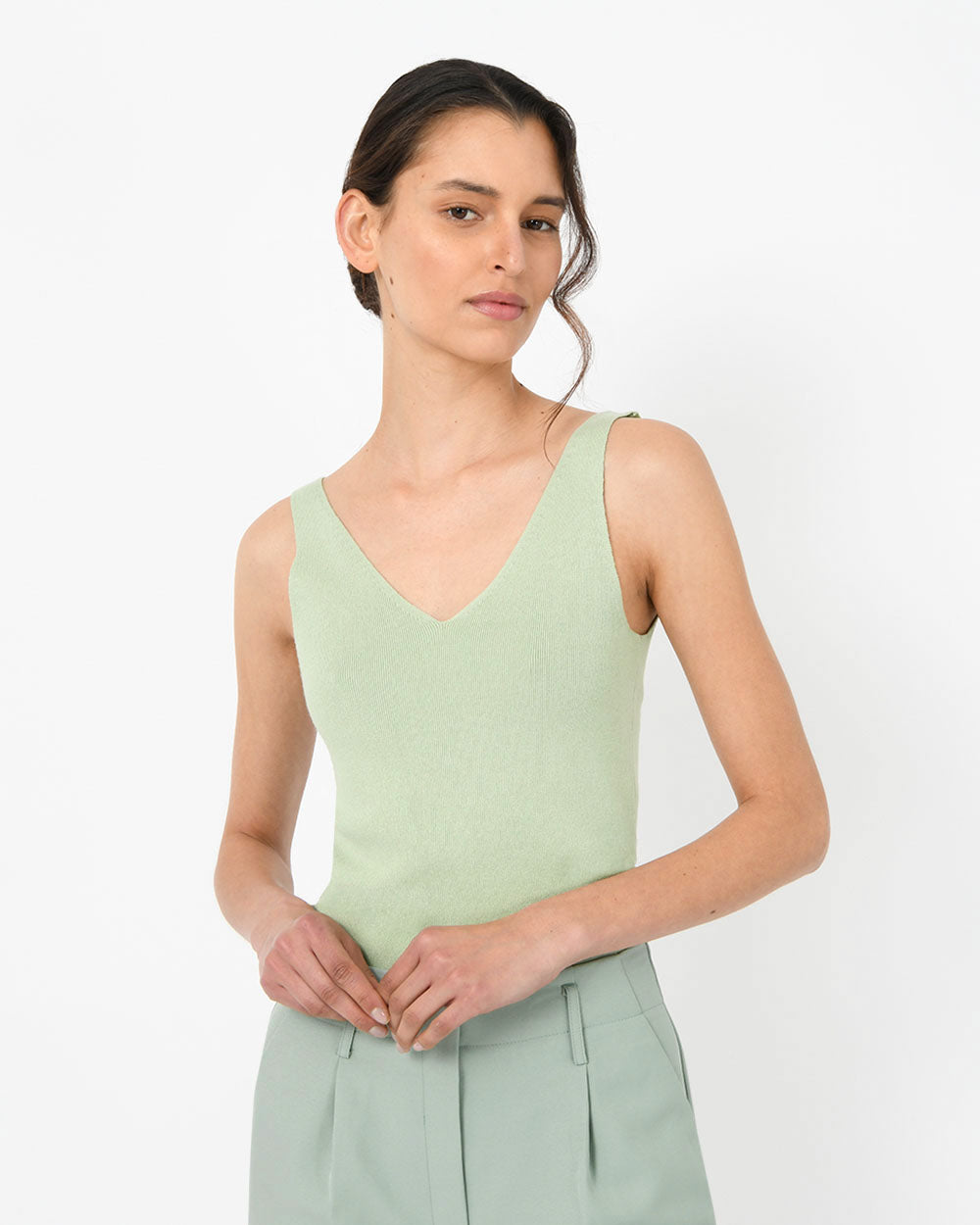 Shiloh V-Neck Top in pastel green — close-up view 2