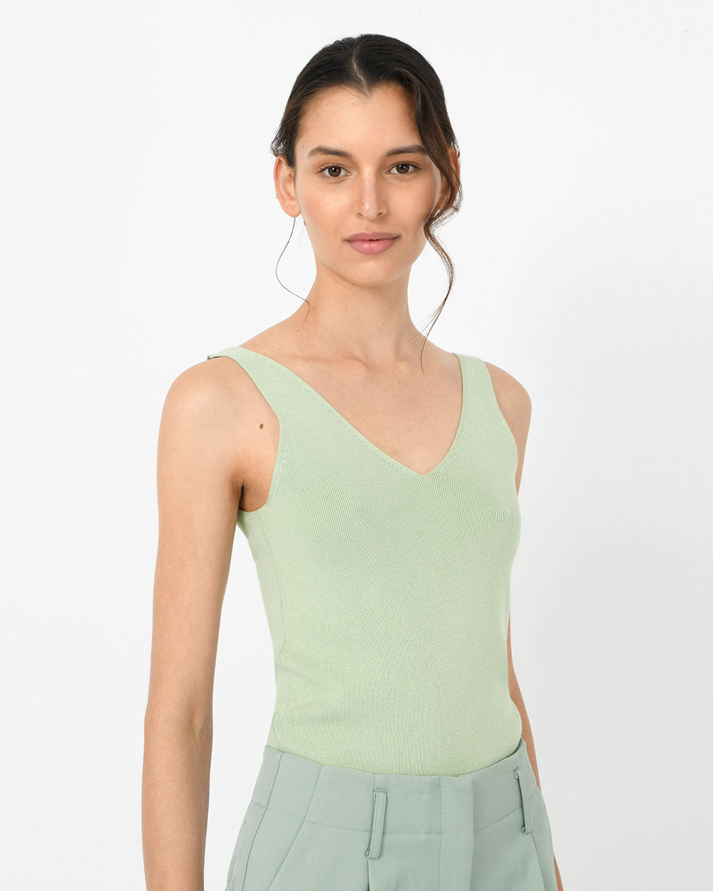 Shiloh V-Neck Top in pastel green — close-up view 3