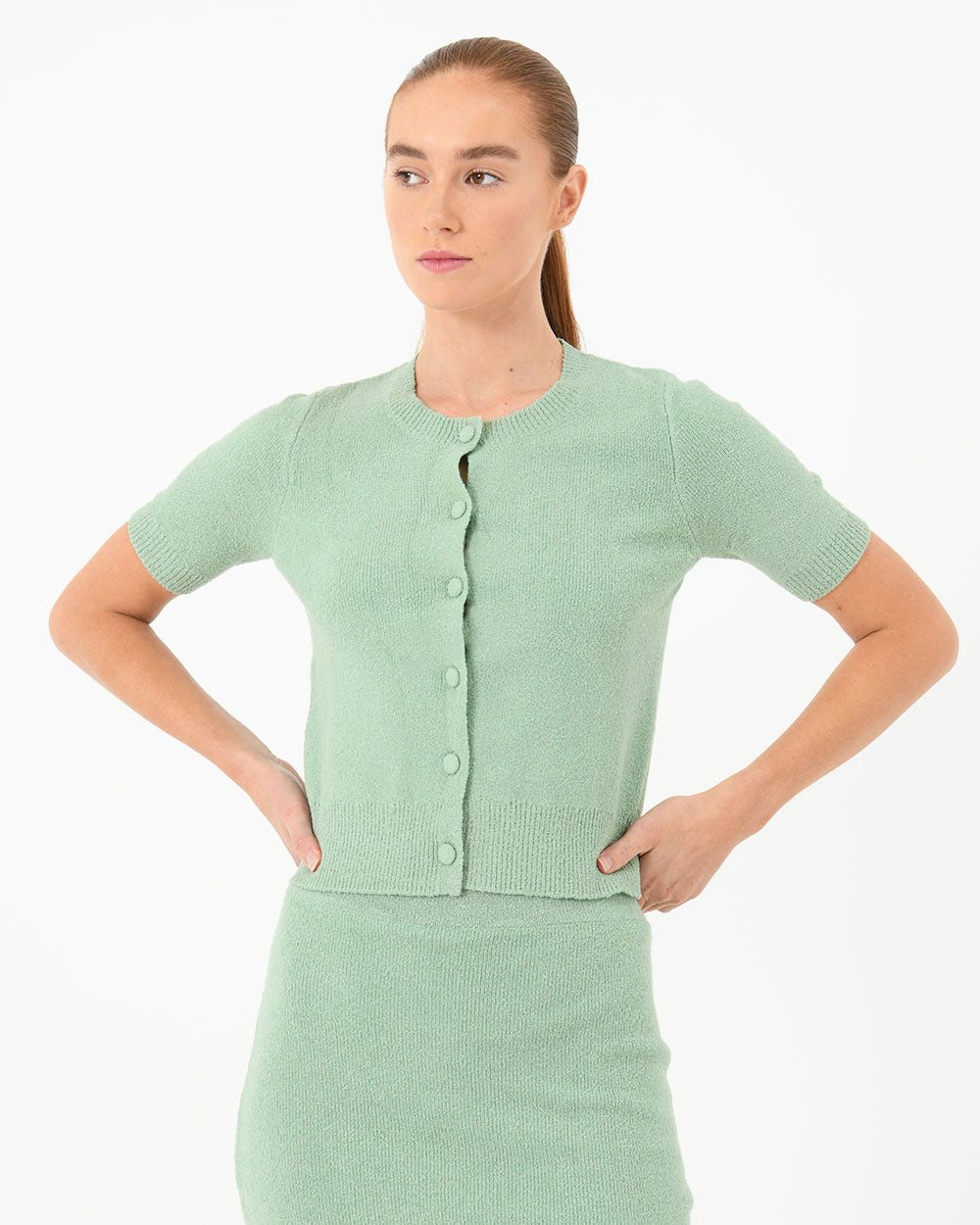 Quincy Short Sleeve Cardigan in spearmint — close-up view 3