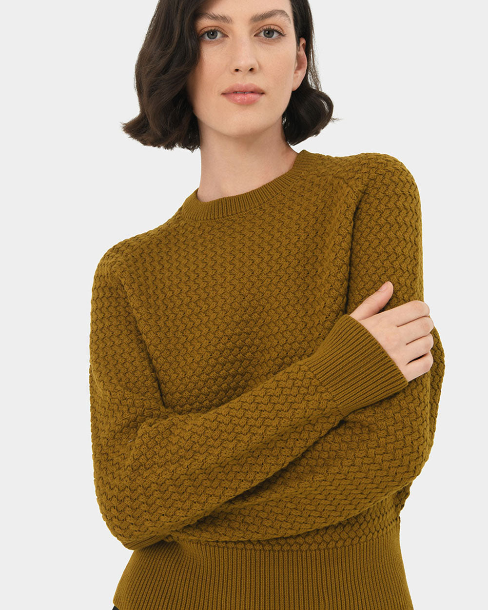 Evie Waffle Knit Jumper in dark olive — close-up view