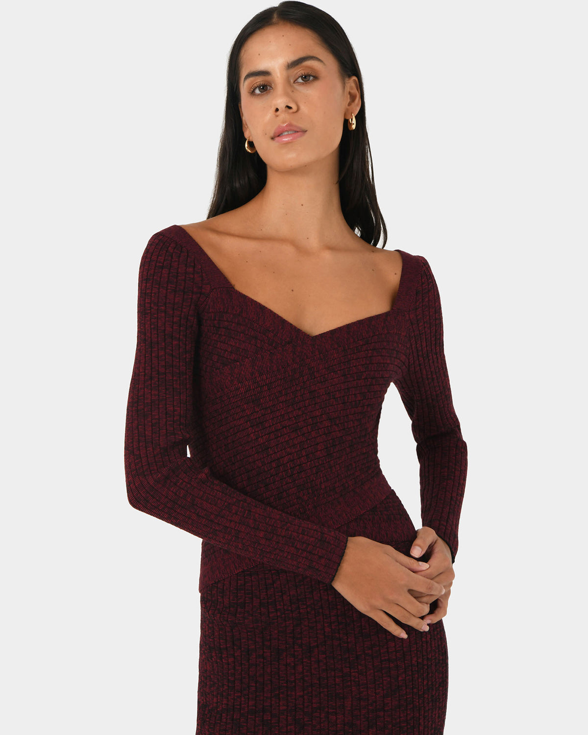 Cienna Cross Over Knit Top in ruby — close-up view 2