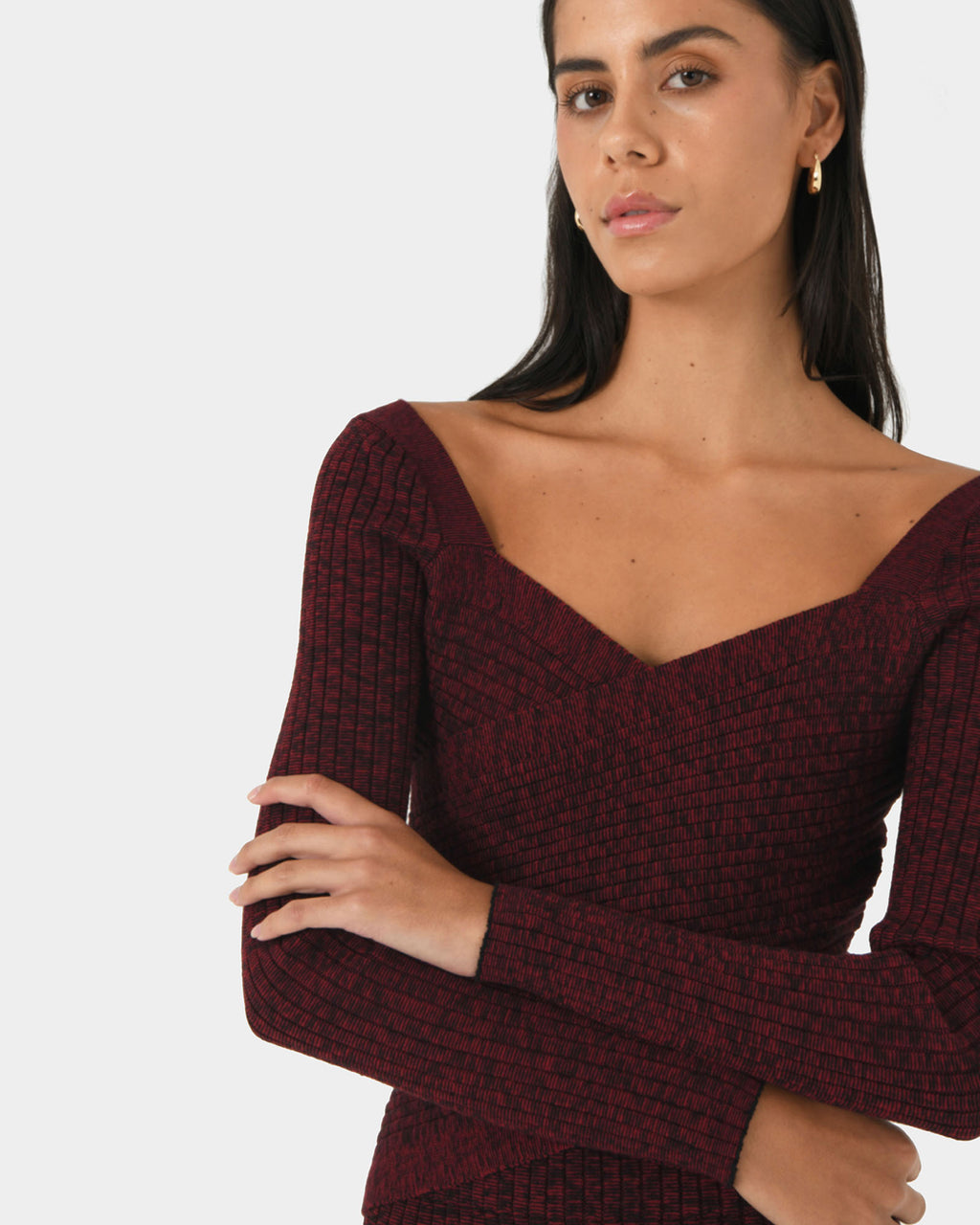 Cienna Cross Over Knit Top in ruby — close-up view 3