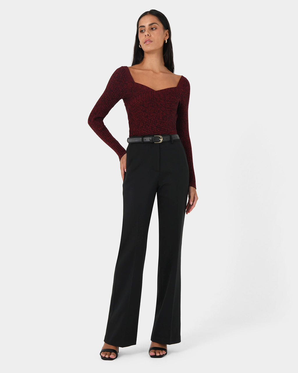 Cienna Cross Over Knit Top in ruby — full-length view