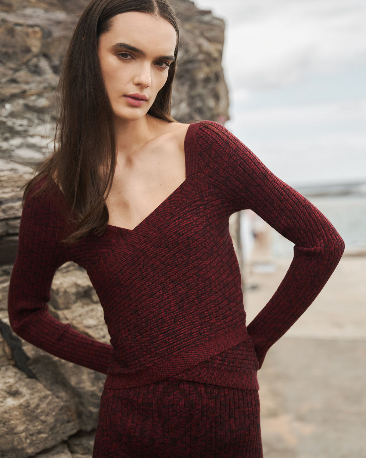 Cienna Cross Over Knit Top in ruby — alternate view