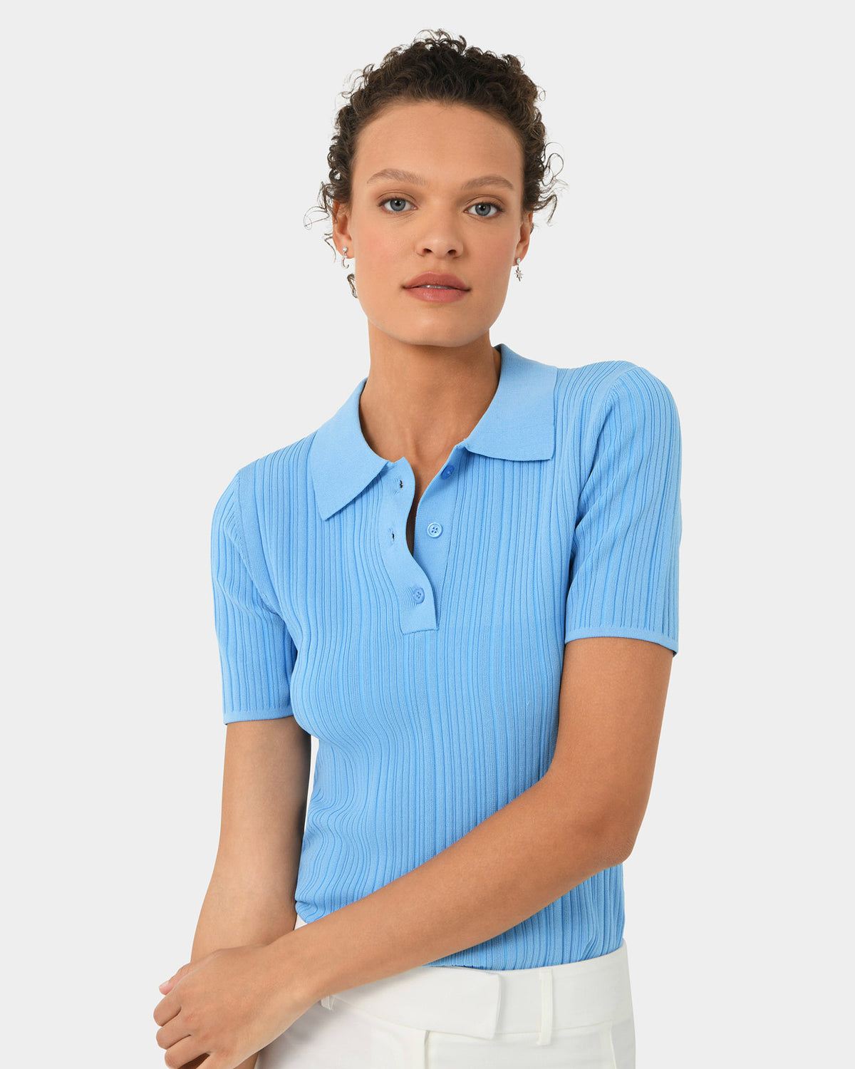 Cosette Rib Polo Knit in stone blue — close-up view 2