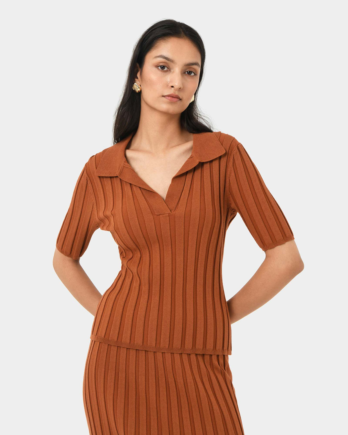 Manhattan Polo Knit Top in rust — close-up view