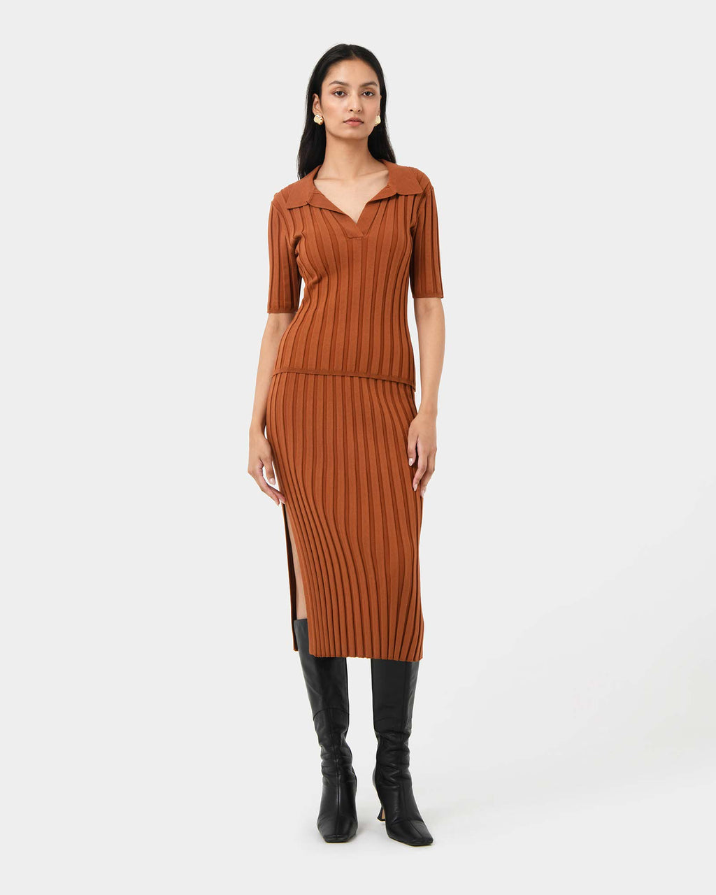 Manhattan Polo Knit Top in rust — full-length view