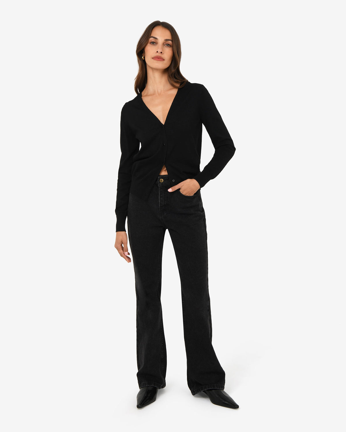 Nicolette V-Neck Knit Cardigan in black — full-length view