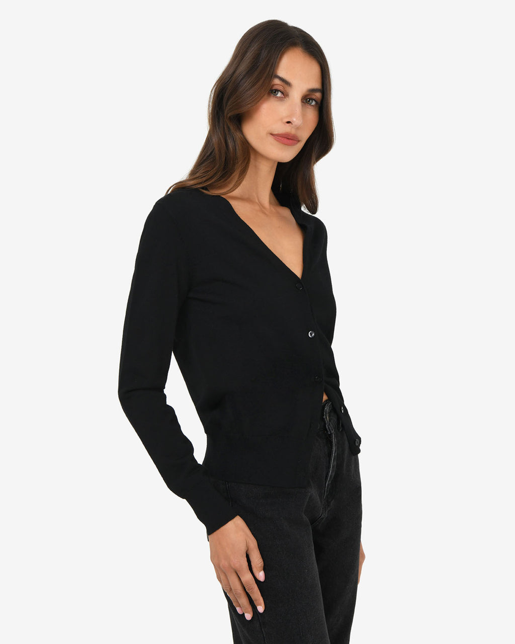 Nicolette V-Neck Knit Cardigan in black — side view