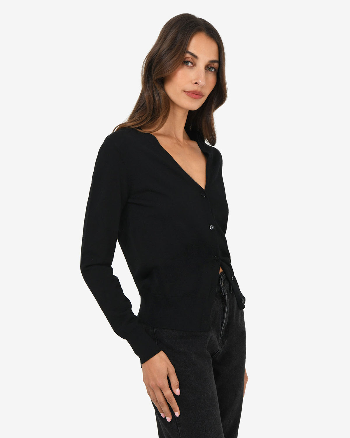 Nicolette V-Neck Knit Cardigan in black — side view
