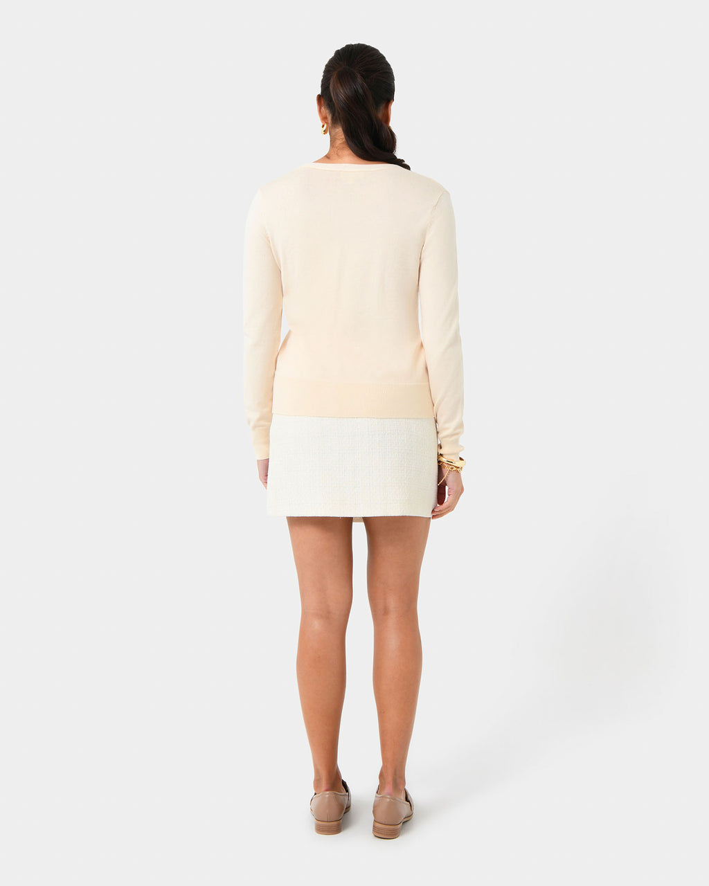 Nicolette V-Neck Knit Cardigan in bone — back view