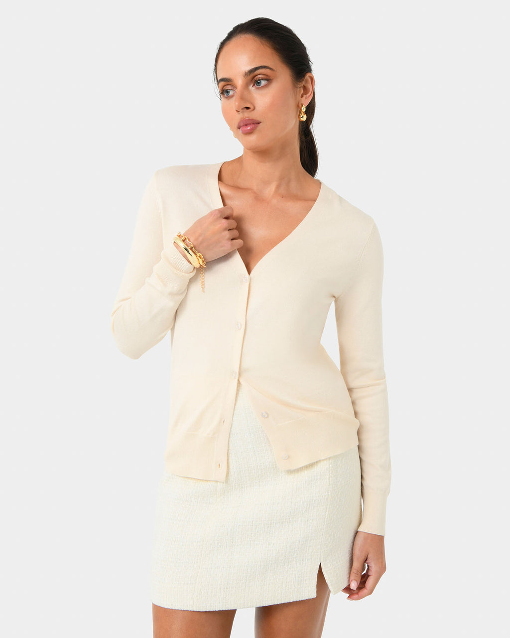 Nicolette V-Neck Knit Cardigan in bone — close-up view