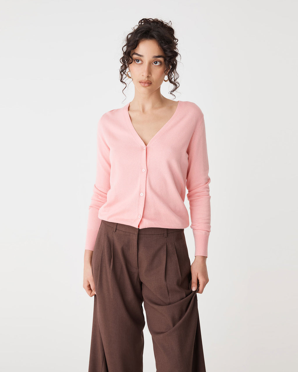 Nicolette V-Neck Knit Cardigan in blush pink — close-up view