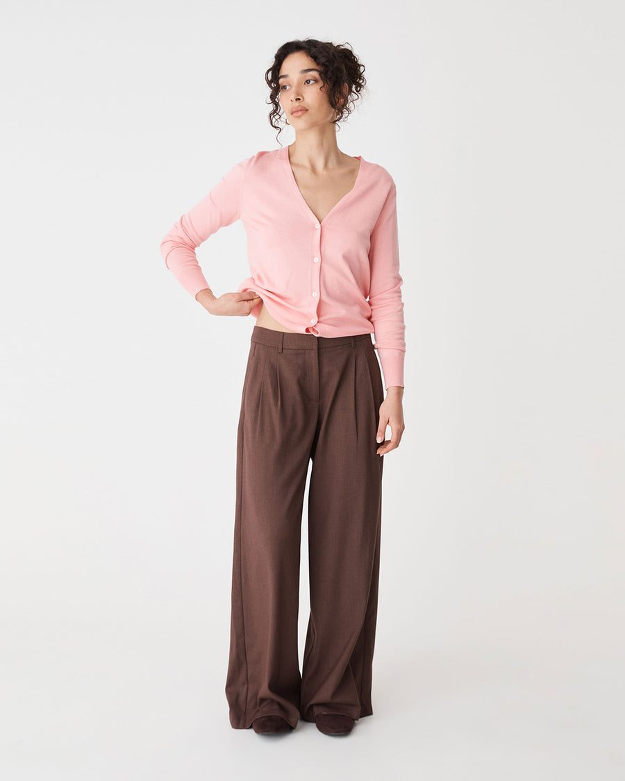 Nicolette V-Neck Knit Cardigan in blush pink — full-length view