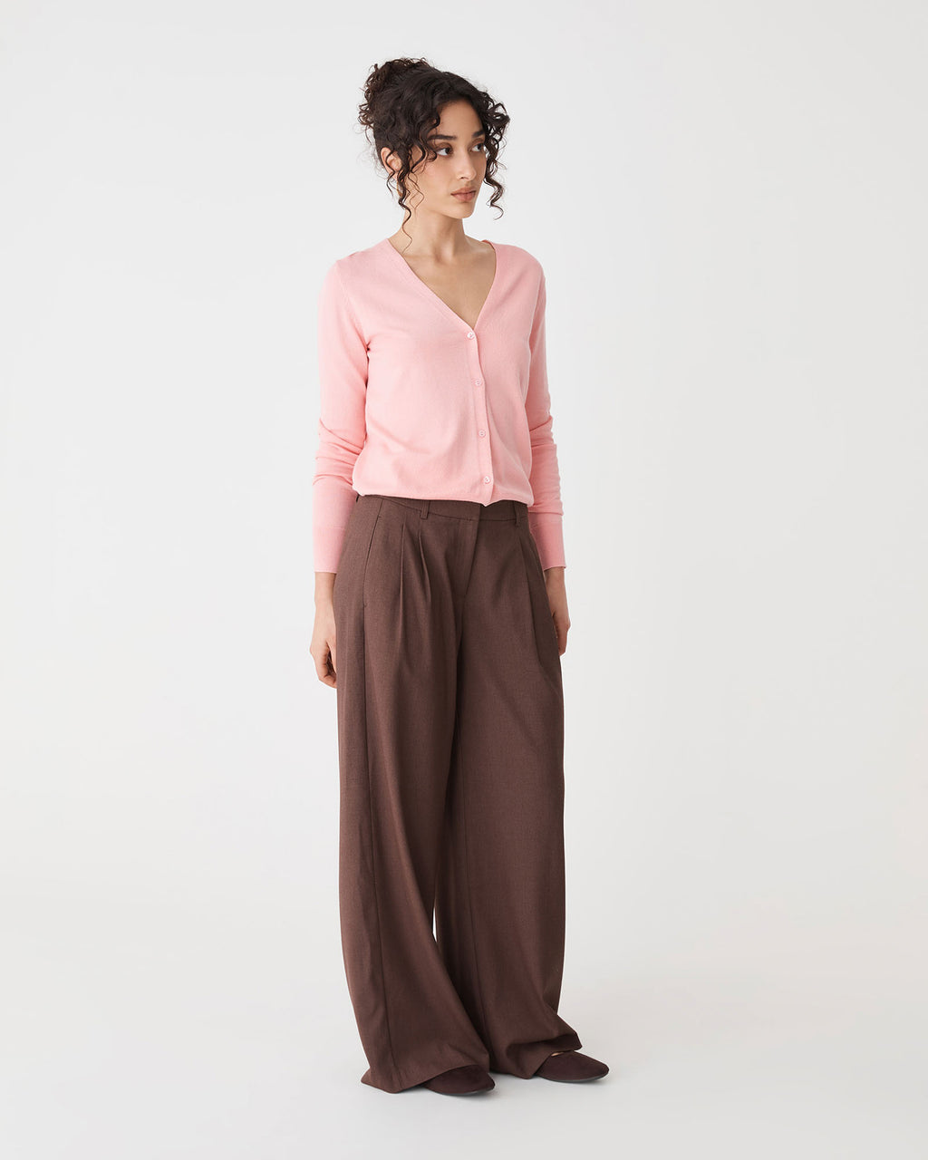 Nicolette V-Neck Knit Cardigan in blush pink — side view