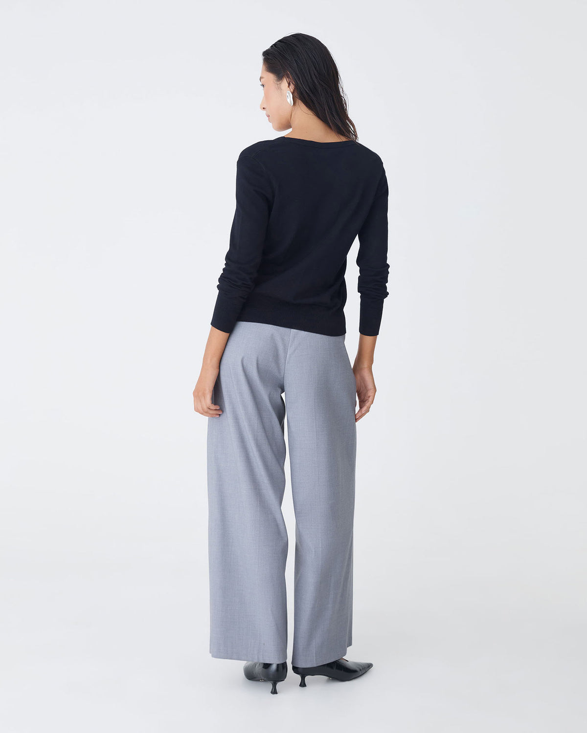 Nicolette V-Neck Knit Cardigan in dark navy — back view