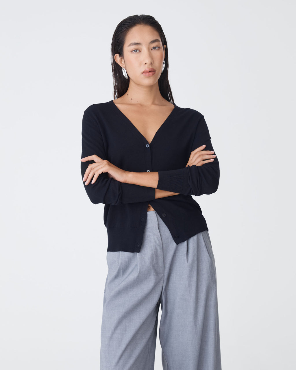 Nicolette V-Neck Knit Cardigan in dark navy — close-up view