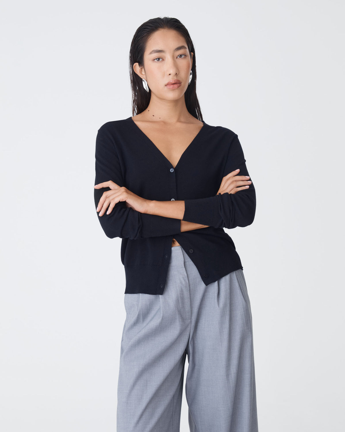 Nicolette V-Neck Knit Cardigan in dark navy — close-up view