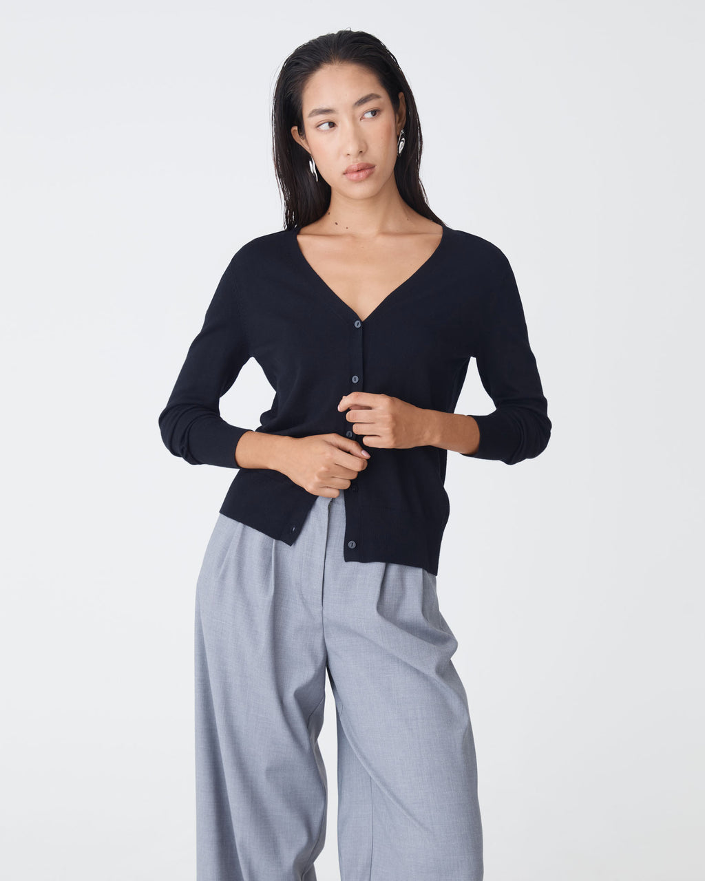 Nicolette V-Neck Knit Cardigan in dark navy — close-up view 2