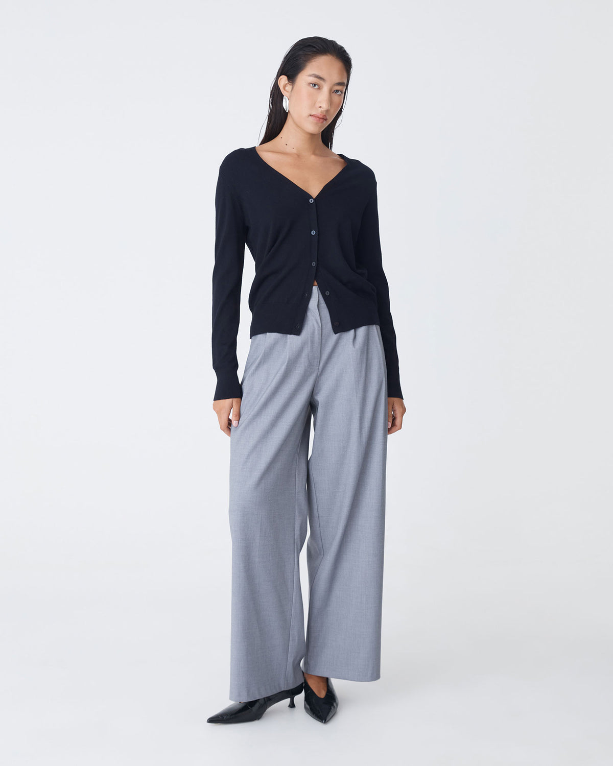Nicolette V-Neck Knit Cardigan in dark navy — full-length view
