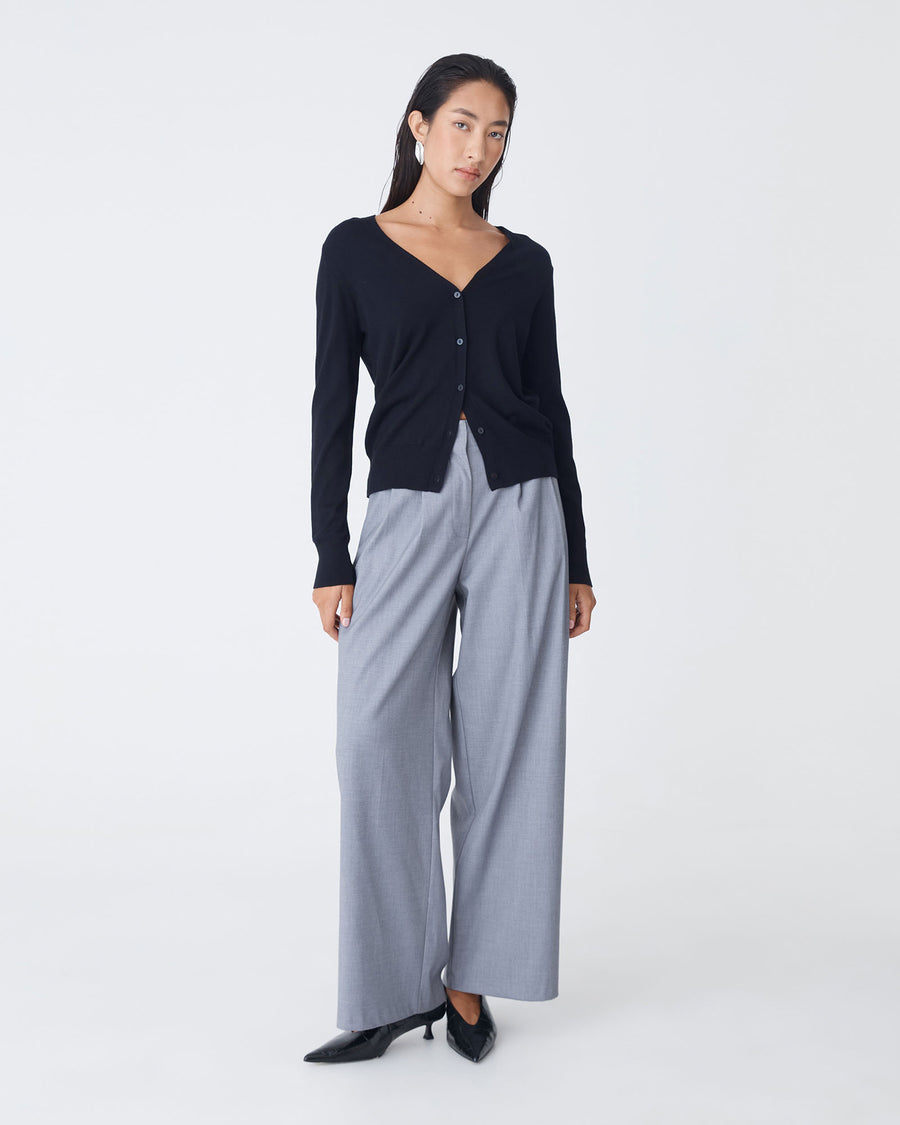 Nicolette V-Neck Knit Cardigan in dark navy — full-length view