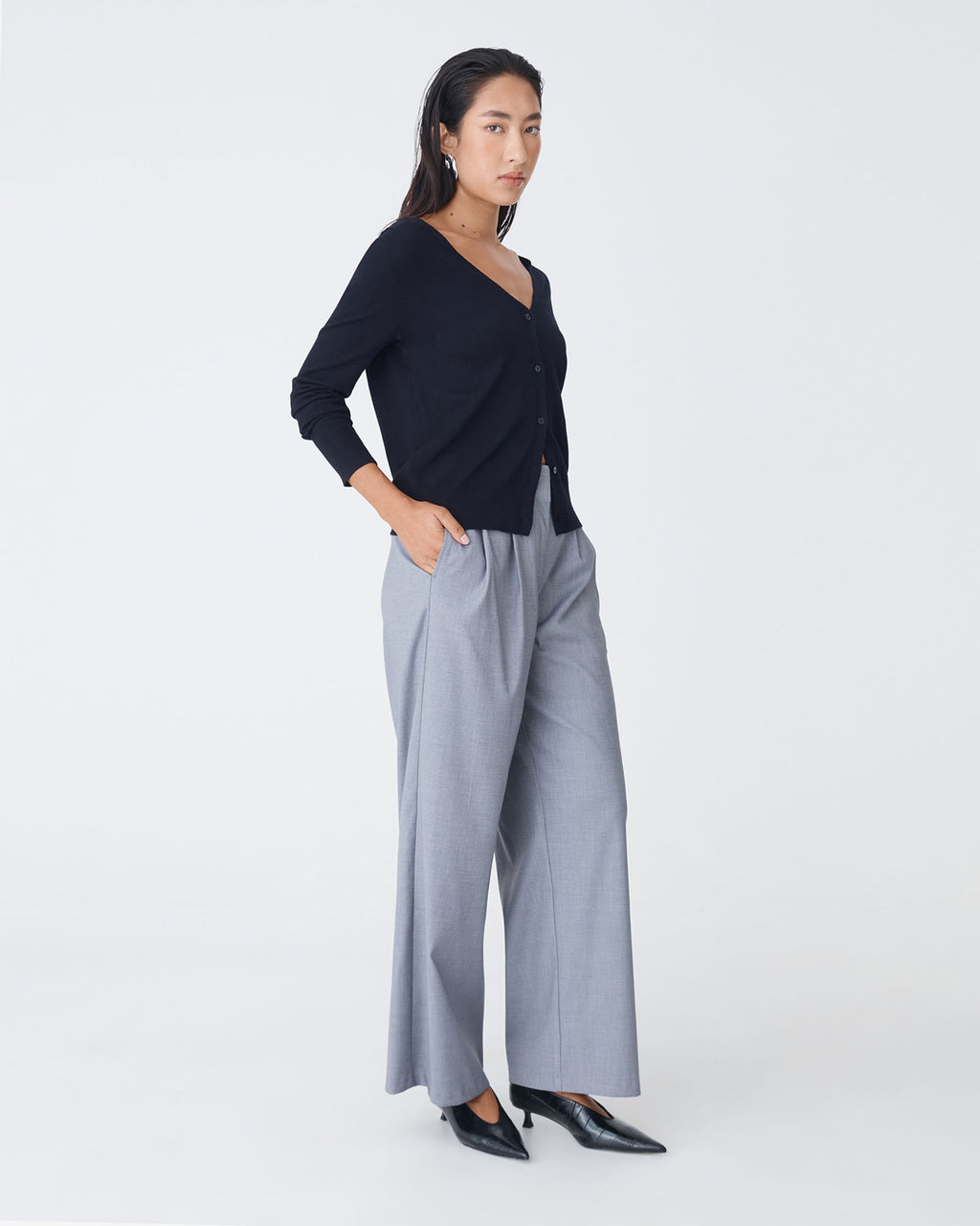 Nicolette V-Neck Knit Cardigan in dark navy — side view