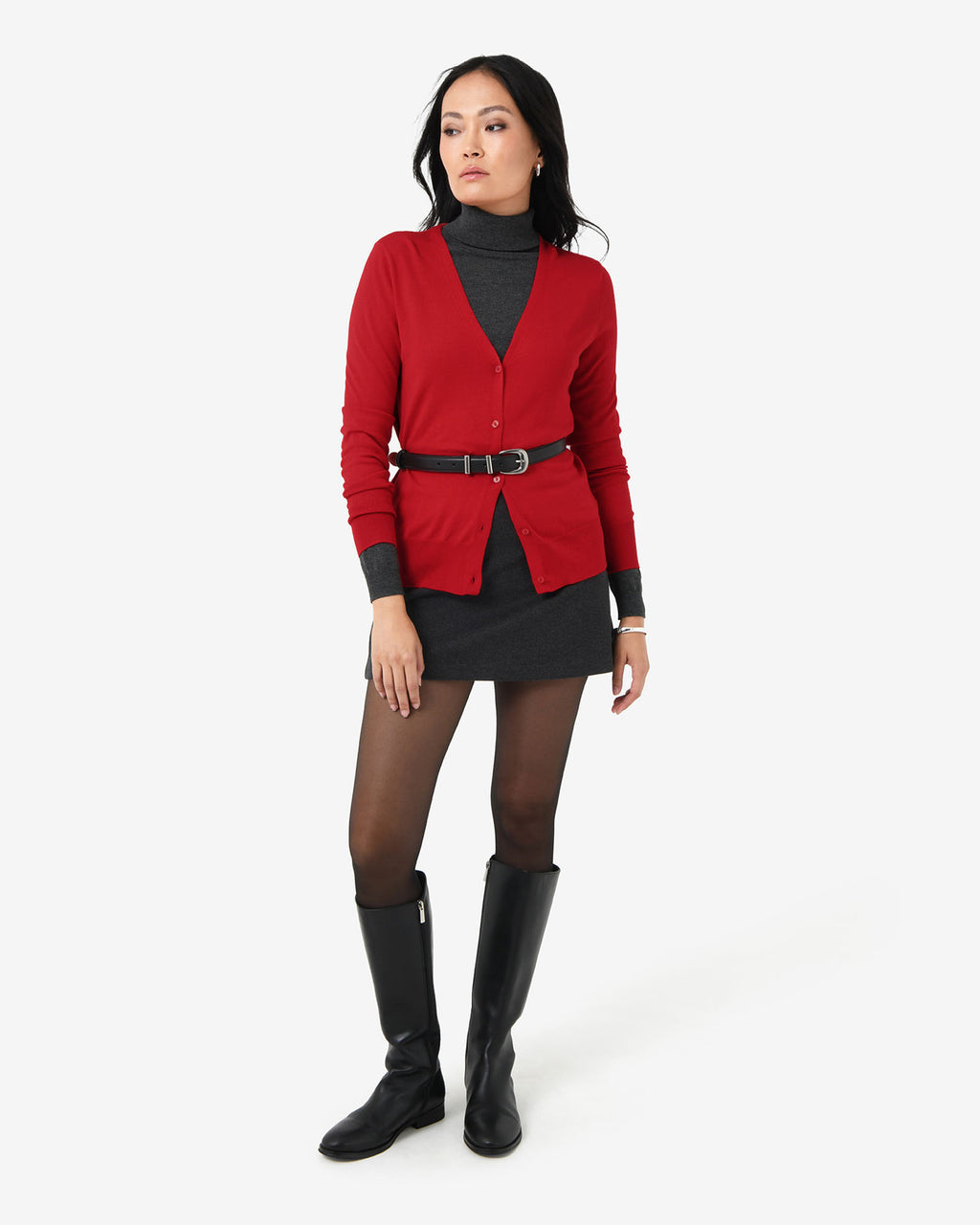 Nicolette V-Neck Knit Cardigan in fire — full-length view