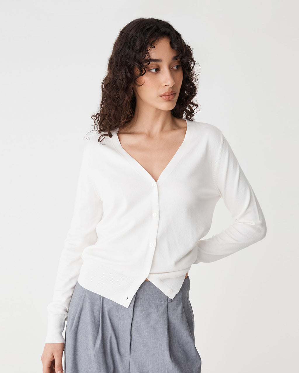 Nicolette V-Neck Knit Cardigan in ivory — close-up view