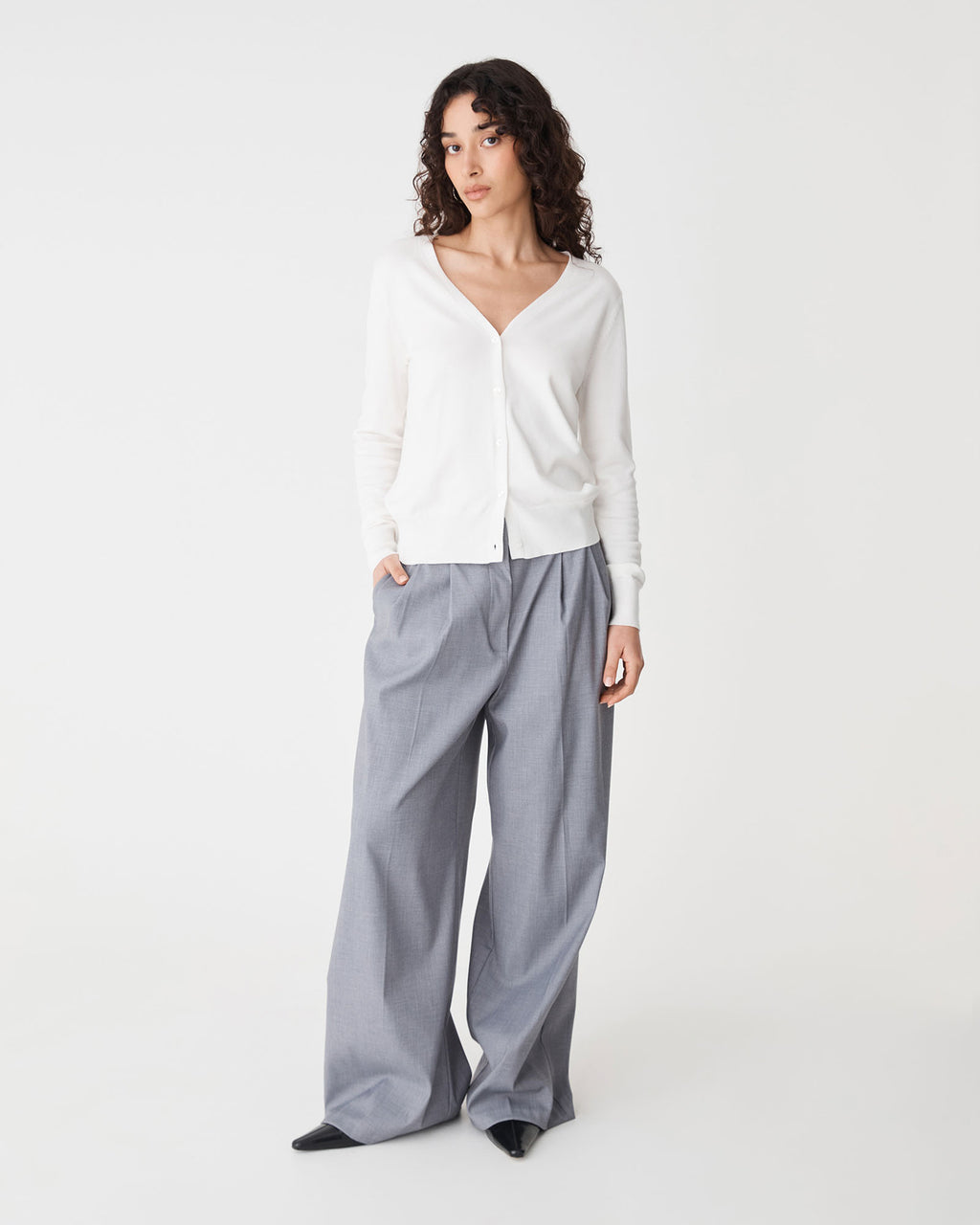 Nicolette V-Neck Knit Cardigan in ivory — full-length view