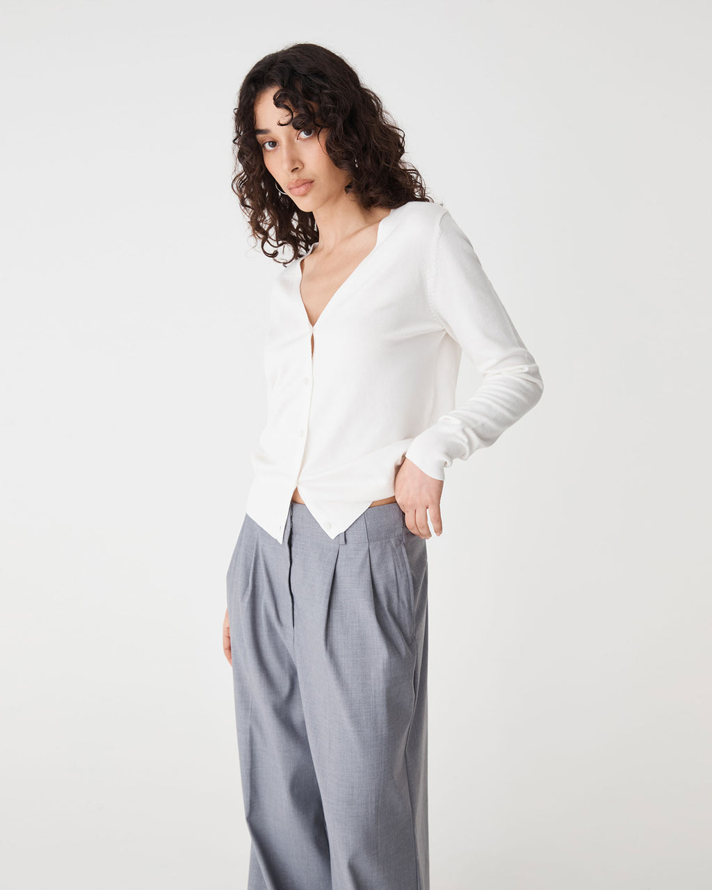 Nicolette V-Neck Knit Cardigan in ivory — side view