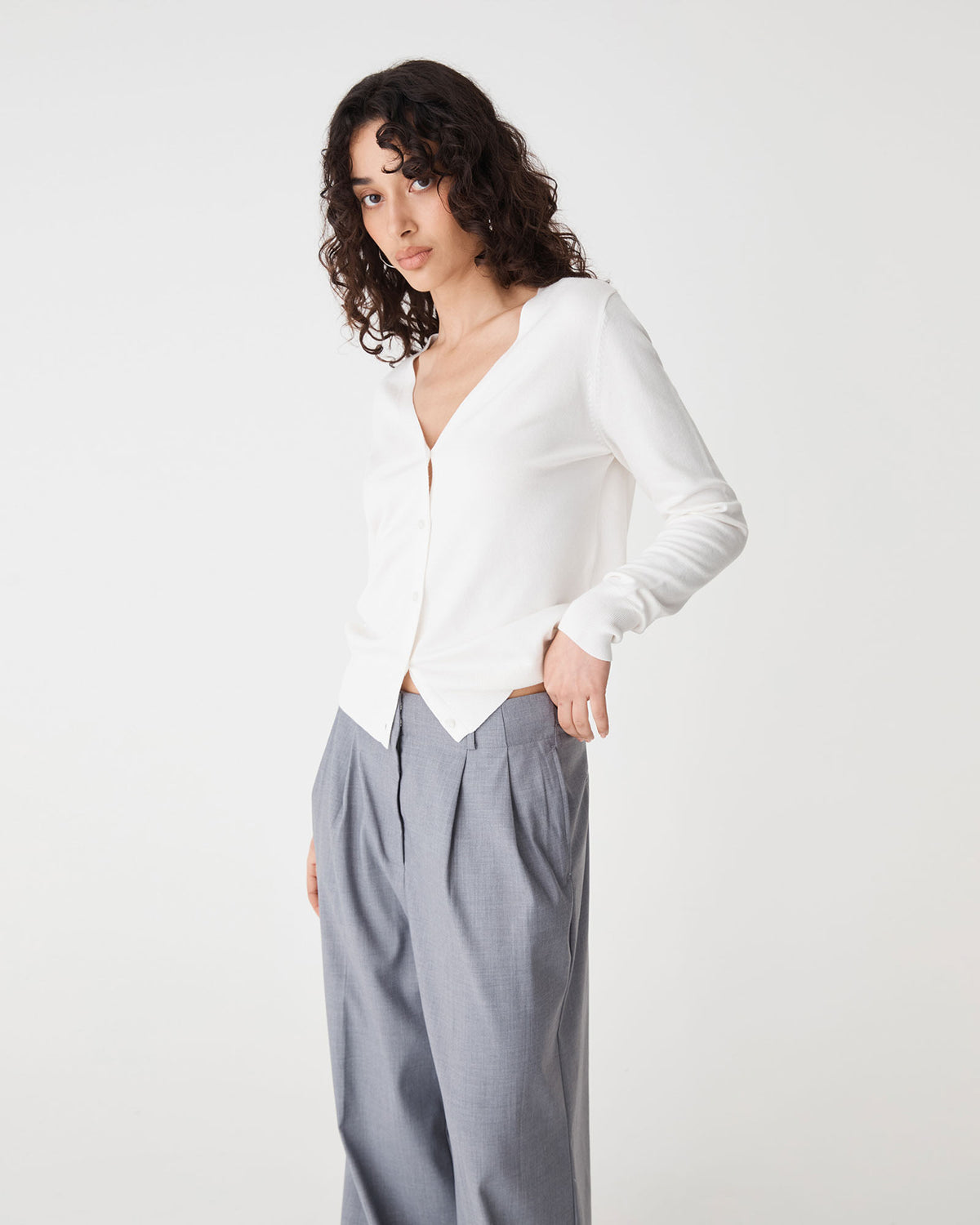Nicolette V-Neck Knit Cardigan in ivory — side view