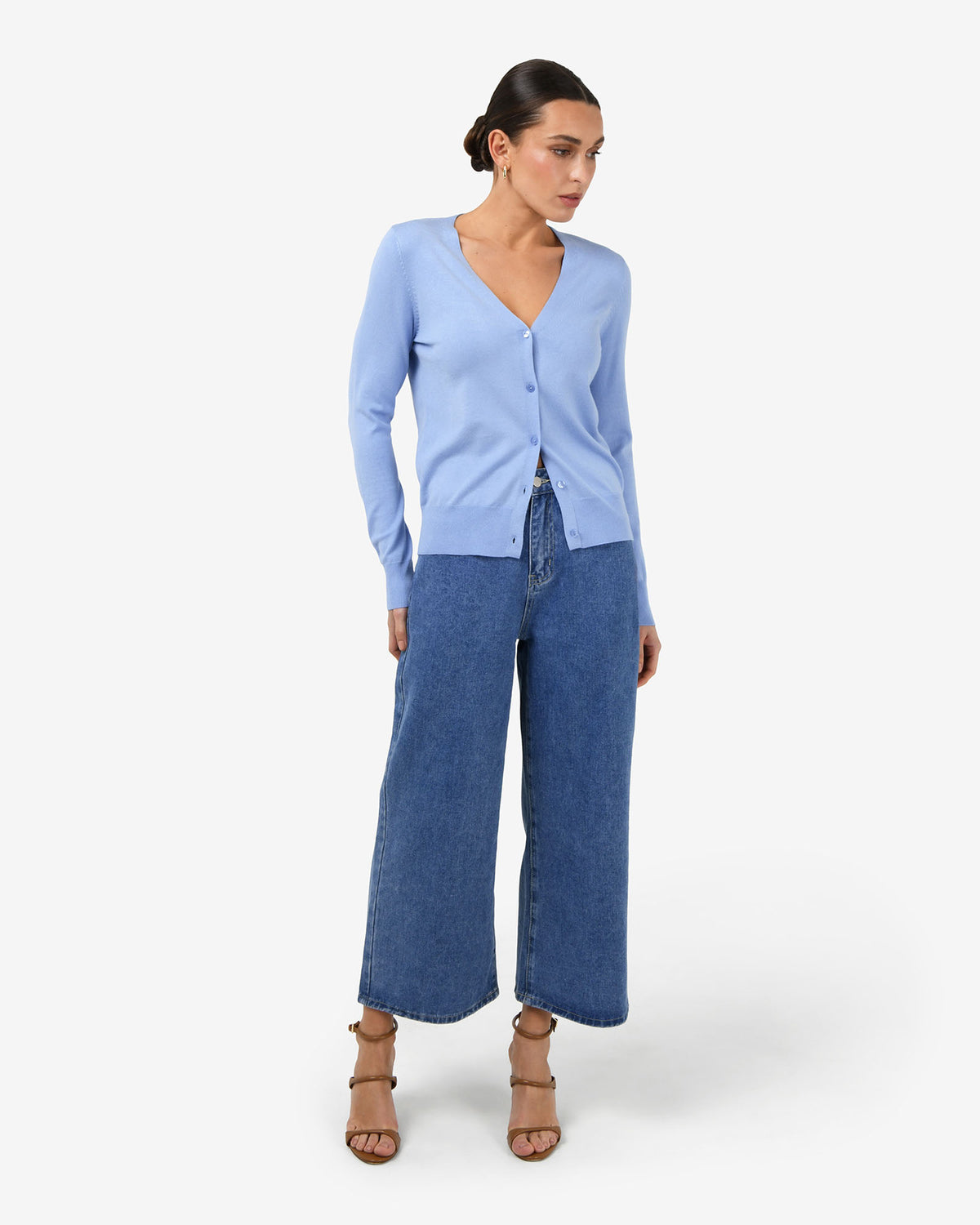 Nicolette V-Neck Knit Cardigan in periwinkle — full-length view