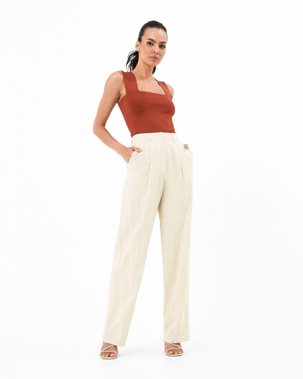 Lilit Linen Chambray Pant in butter — full-length view