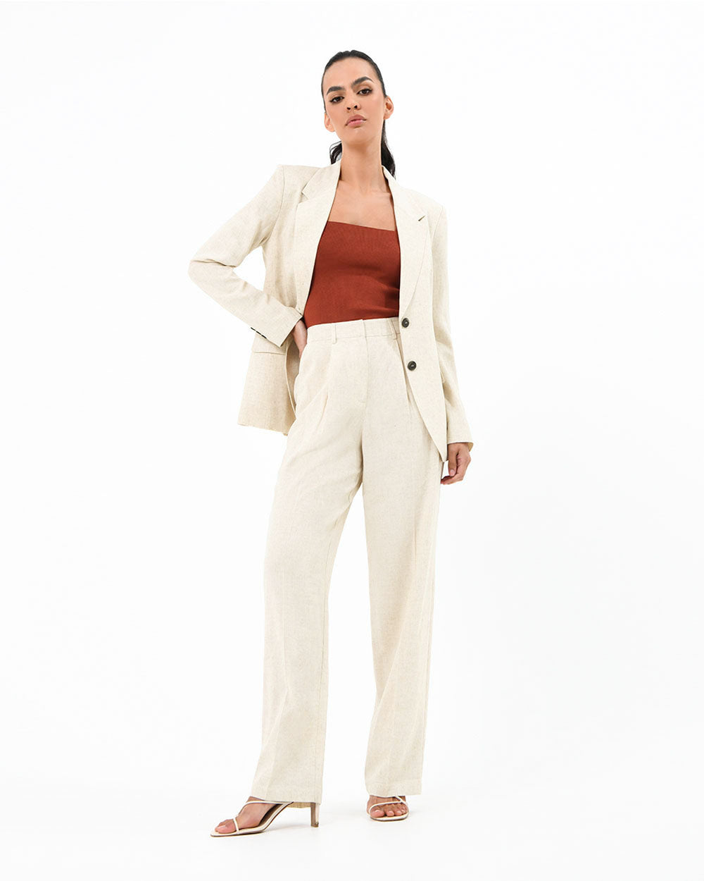 Lilit Linen Chambray Pant in butter — full-length view 2