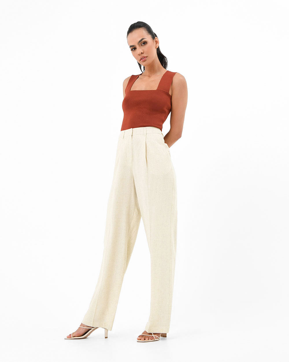 Lilit Linen Chambray Pant in butter — full-length view 3