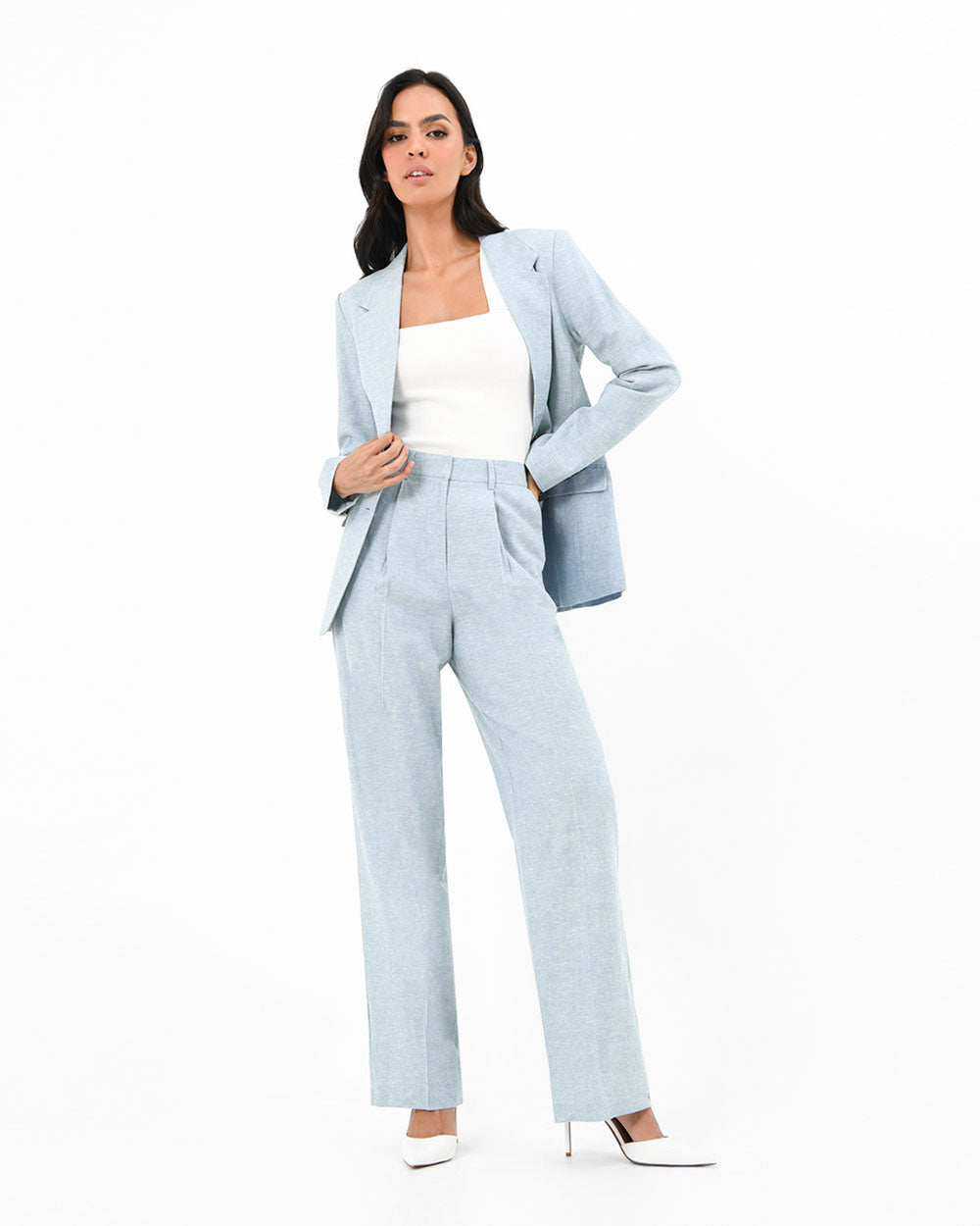 Lilit Linen Chambray Pant in chambray blue — full-length view 2